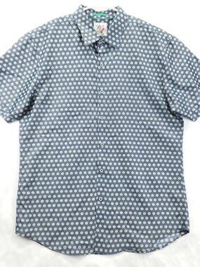 Marti Kat Shirt Mens 2XL Blue Green Short Sleeve Round Hem Classic Button-Up